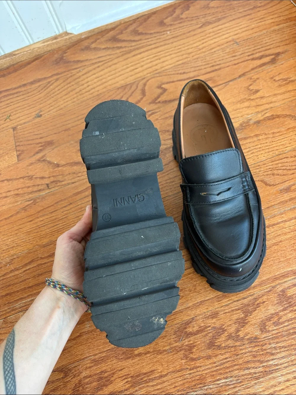 Ganni Black Chunky Sole Leather Loafers
